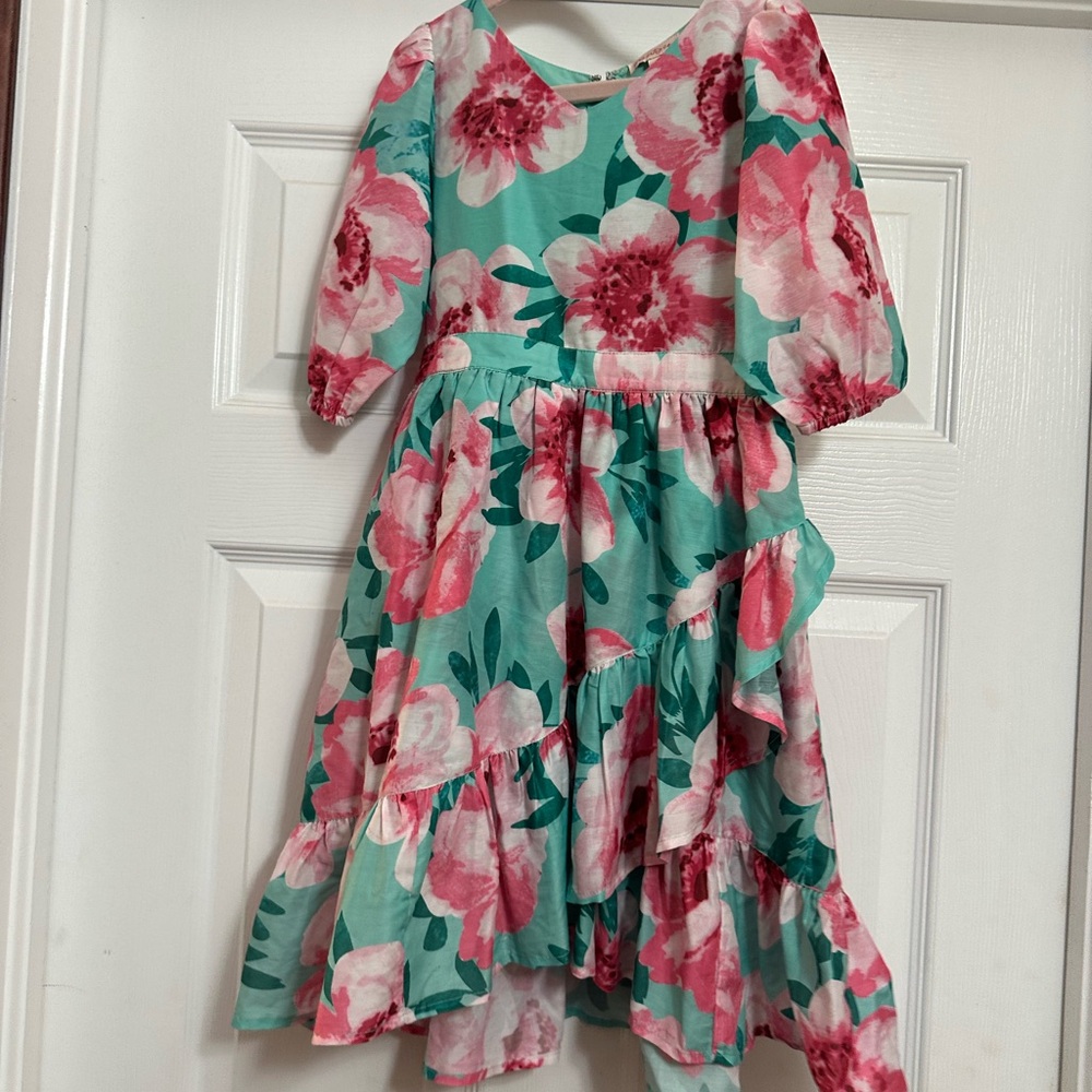 Ivy City Co mini Mi Amore Mint Floral Tiered Party Dress with Pink Blooms